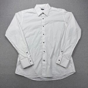 Lagerfeld Dress Shirt Men 42 White Long Sleeve Square Black Deco Button‎ Karl